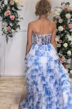 Tien | Blue Floral Printed Sweetheart Chiffon Tiered A-Line Long Corset Prom Dress