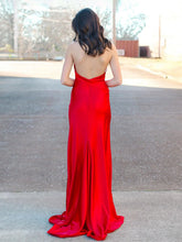 Tristan | Red Halter Satin Mermaid Long Prom Dress With Slit