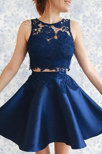 Two Piece Dark Blue Satin Homecoming Dress with Lace Appliques PG157