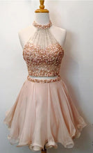 Two Piece Halter Homecoming Dresses Blush Pink Short Prom Dresses PD289