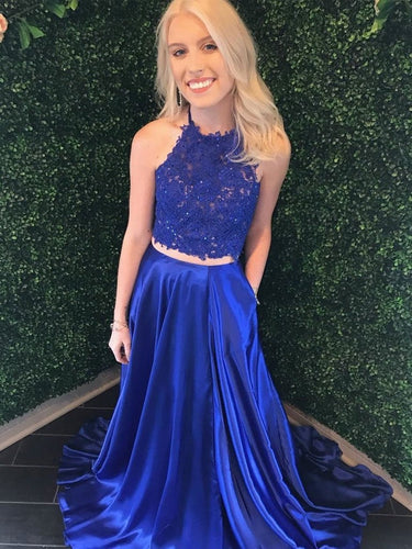 Two Piece Royal Blue Long A-line Halter Lace Satin Formal Prom Dresses with Pockets