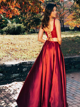 Two Pieces A-line Lace Satin Long Backless Prom Dresses with Slit