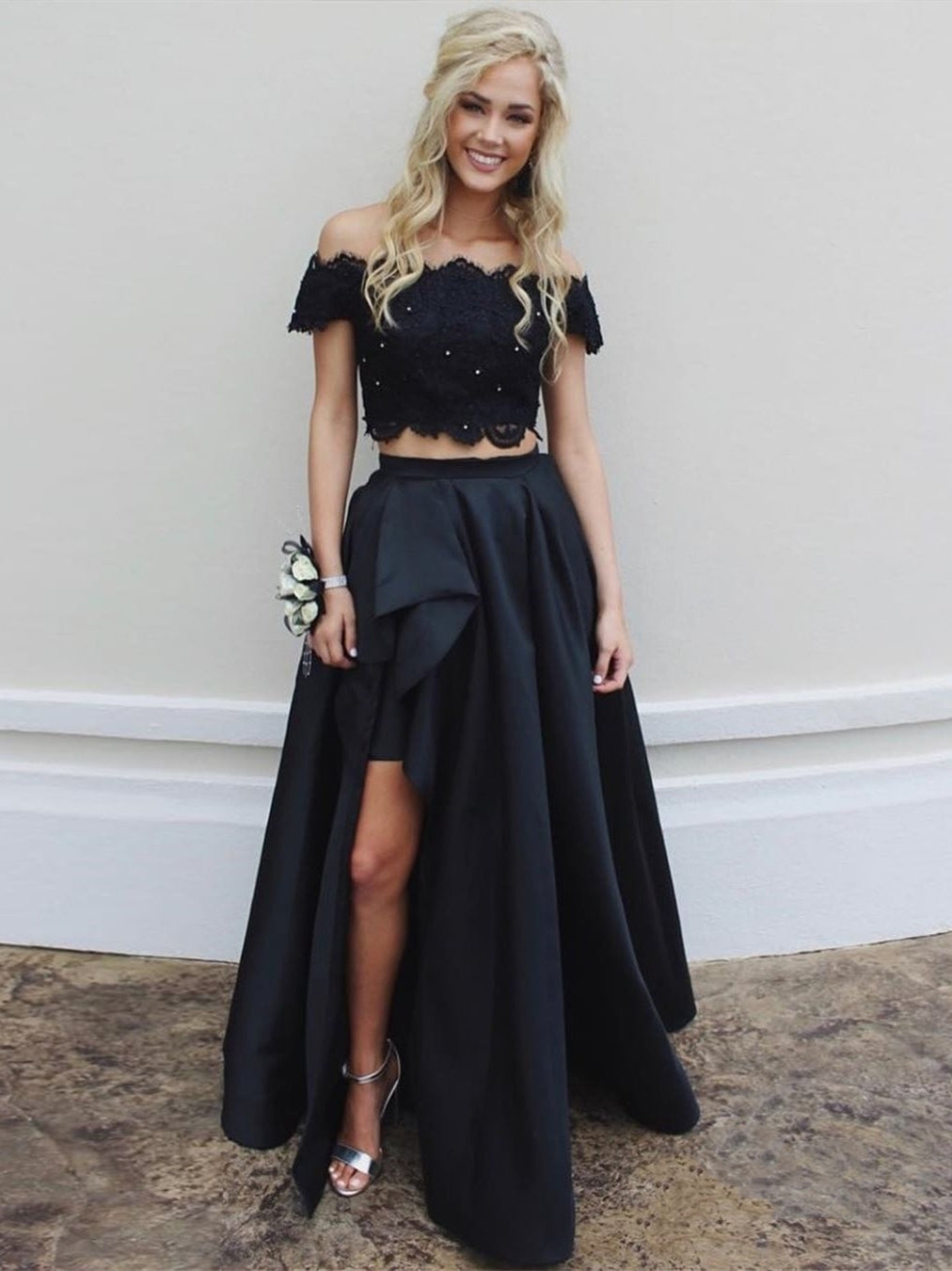 Two Pieces A-line Off Shoulder Lace Long Prom Dresses with Split High-Low Black Formal Evening Gowns