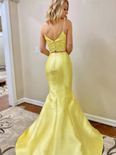 Two Pieces Mermaid V Neck Satin Lace Long Yellow Prom Dresses