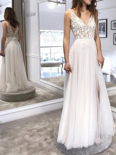 A Line V Neck Lace Wedding Dresses Lace Long Formal Prom Dresses