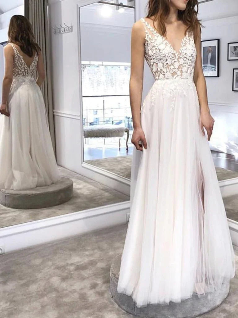 A Line V Neck Lace Wedding Dresses Lace Long Formal Prom Dresses