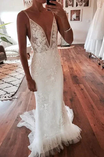 Mermaid Backless Deep V-neck Lace Wedding Dresses Bridal Gown