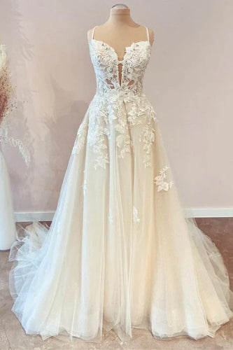 A-line Spaghetti Straps Tulle Long Wedding Dress with Appliques Lace