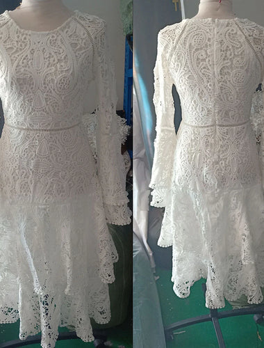 Reception Little White Dresses Boho Wedding Dresses A-Line Jewel Neck Sleeveless Ankle Length Lace Bridal Gowns With Appliques Solid Color