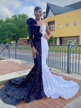 Unique Bicolor V-neck One Shoulder Long Sleeve Column Mermaid Prom Dresses