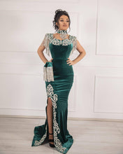 Unique Green Long Mermaid Velvet Prom Dresses with Slit
