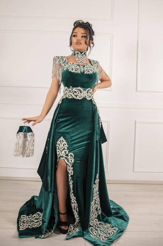 Unique Green Long Mermaid Velvet Prom Dresses with Slit