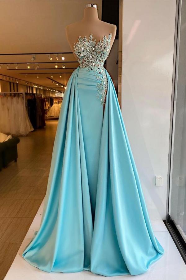 Unique Long A-line Bateau Appliques Crystal Ruffles Prom Dress