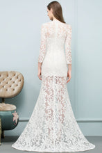 V-neck Floor Length Mermaid Lace Prom Dresses with Sleeves