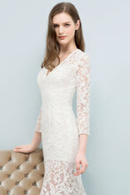 V-neck Floor Length Mermaid Lace Prom Dresses with Sleeves