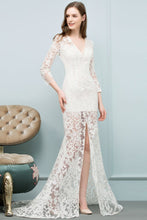 V-neck Floor Length Mermaid Lace Prom Dresses with Sleeves