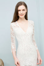 V-neck Floor Length Mermaid Lace Prom Dresses with Sleeves