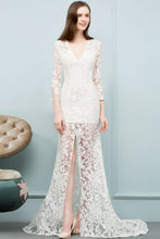 V-neck Floor Length Mermaid Lace Prom Dresses with Sleeves