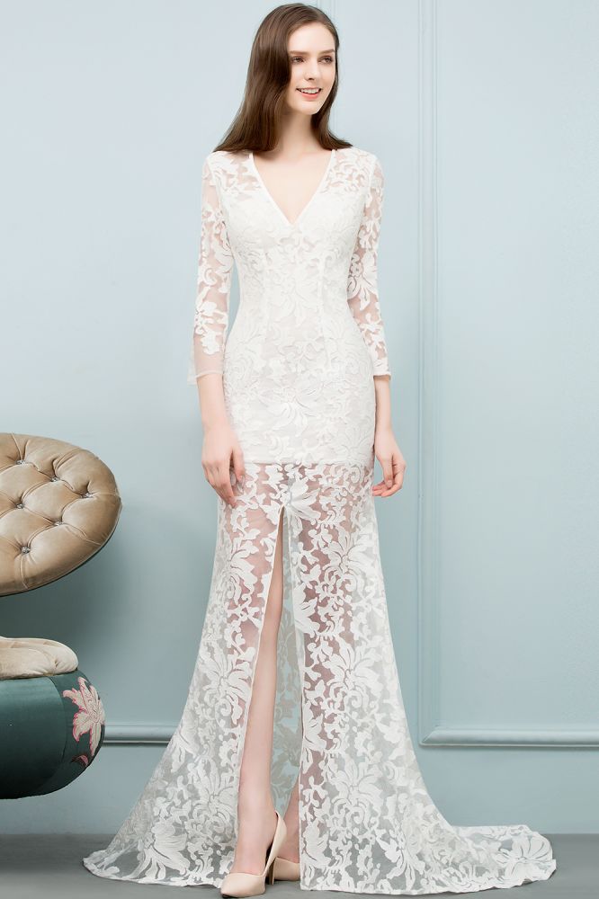 V-neck Floor Length Mermaid Lace Prom Dresses with Sleeves