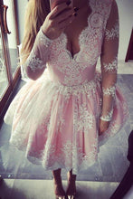 V-Neck Long Sleeves Short Pink Tulle Homecoming Dress with Appliques  PG160