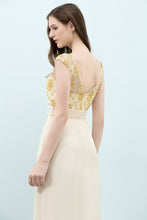 V-neck Sequined Top A-line Floor Length Chiffon Prom Dresses