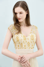 V-neck Sequined Top A-line Floor Length Chiffon Prom Dresses