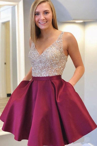 V-Neck Short Beaded Homecoming Dress Cute Cocktail Party Dress PD331