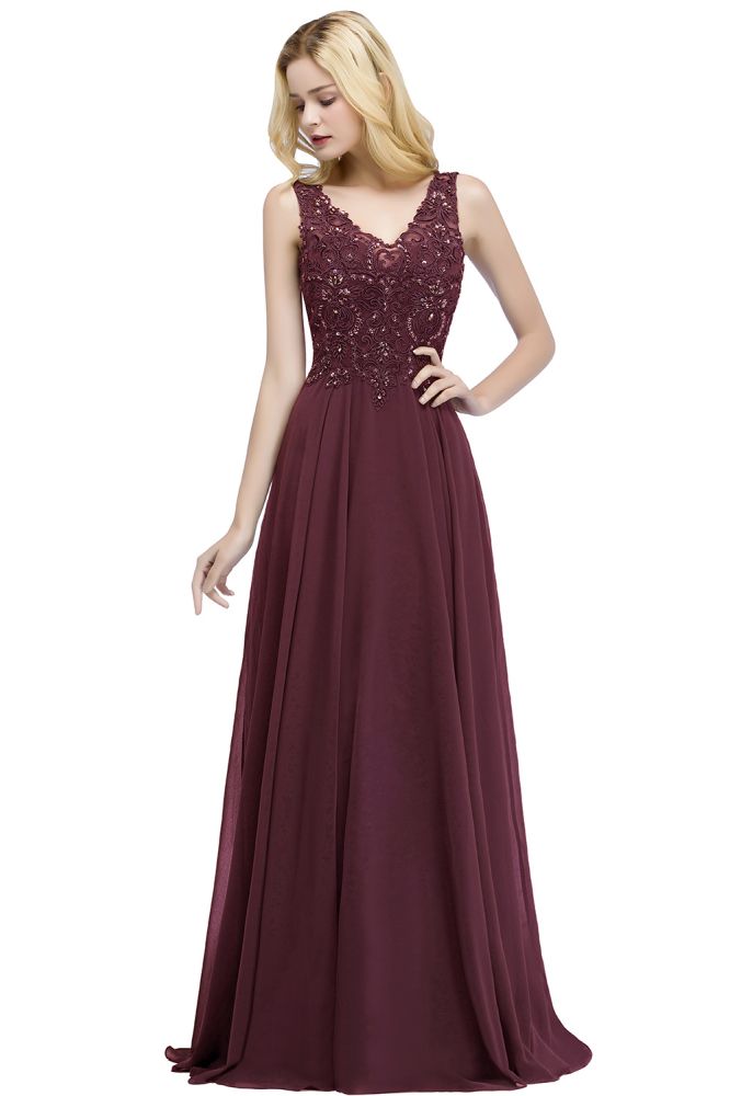 V-neck Sleeveless Long Appliqued Crystals Chiffon Prom Dresses