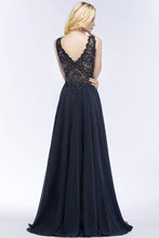 V-neck Sleeveless Long Appliqued Crystals Chiffon Prom Dresses