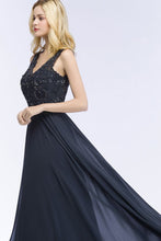 V-neck Sleeveless Long Appliqued Crystals Chiffon Prom Dresses