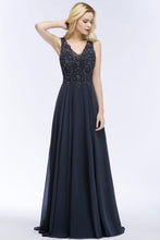V-neck Sleeveless Long Appliqued Crystals Chiffon Prom Dresses