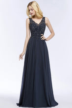 V-neck Sleeveless Long Appliqued Crystals Chiffon Prom Dresses