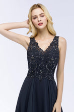 V-neck Sleeveless Long Appliqued Crystals Chiffon Prom Dresses