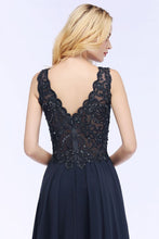 V-neck Sleeveless Long Appliqued Crystals Chiffon Prom Dresses