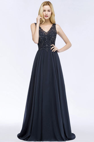 V-neck Sleeveless Long Appliqued Crystals Chiffon Prom Dresses
