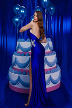 Vintage Column Satin V-Neck Sleeveless Blue Prom Dress With Ruffles Split
