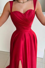 Vintage Long Red A-line Satin Pleated Sleeveless Prom Dress with Slit
