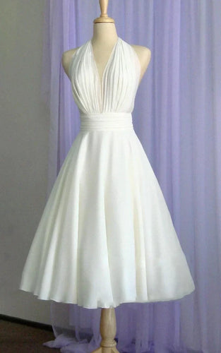 A-line Halter Neck Vintage Tea-Length Chiffon Wedding Dress