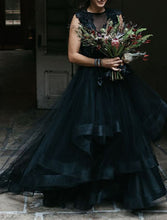 Engagement Gothic Wedding Dresses in Color Formal Wedding Dresses A-Line Illusion Neck Sleeveless Sweep / Brush Train Lace Bridal Gowns With Appliques Cascading Ruffles