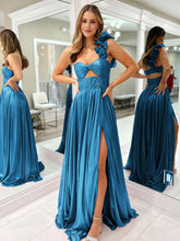 A-Line Fuchsia One Shoulder Keyhole Pleated Metallic Prom Dress with Slit