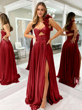 A-Line Fuchsia One Shoulder Keyhole Pleated Metallic Prom Dress with Slit