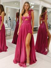A-Line Fuchsia One Shoulder Keyhole Pleated Metallic Prom Dress with Slit