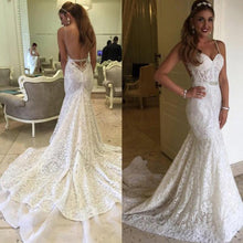 White Sweetheart Lace Mermaid Spaghetti Open Back Wedding Dresses, MW259