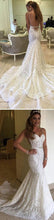 White Sweetheart Lace Mermaid Spaghetti Open Back Wedding Dresses, MW259