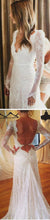 White Tulle Lace Open Back V-neck Mermaid Long Sleeve Wedding Dresses, MW177