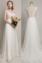 Chiffon A-Line V-back Wedding Party Dresses, Simple Lace Long Wedding Dress, MW131