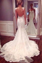 White Spaghetti Straps Mermaid Backless Lace Wedding Dresses, Bridal Gown, MW102