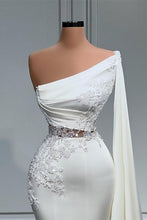 White Asymmetric One Shoulder Mermaid Stretch Satin Prom Dress