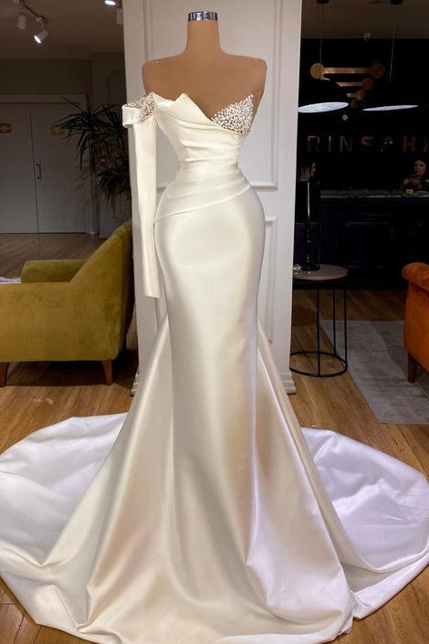 White Satin One Shoulder Long Mermaid Prom Dresses