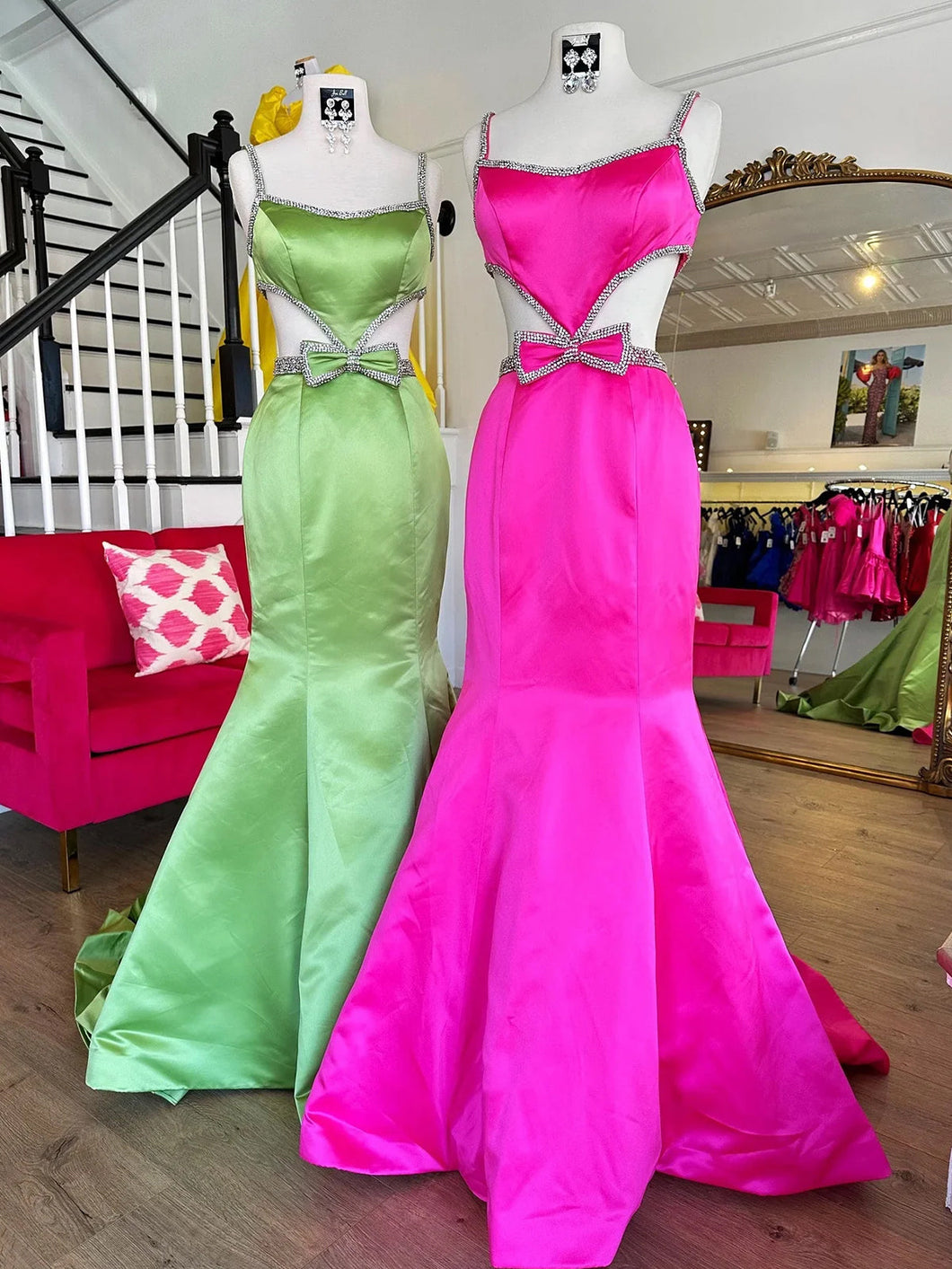 windsors prom dresses KissProm Scoop Neck Mermaid Beaded Long Dress With Bow, Hot Pink / 6 Satin Fabric Color Windsor Prom Dresses Green -